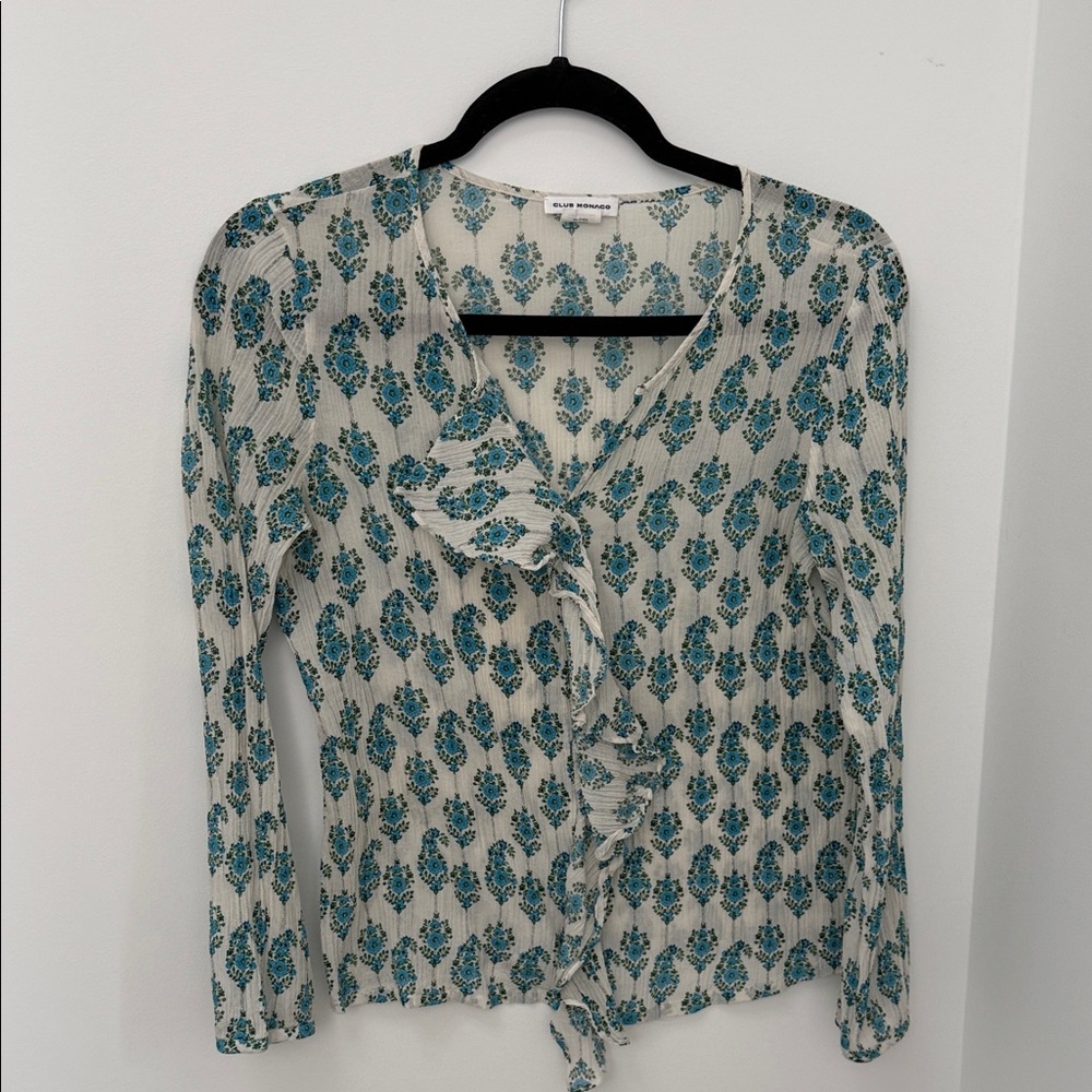Club Monaco Cream and Blue Floral Blouse size small